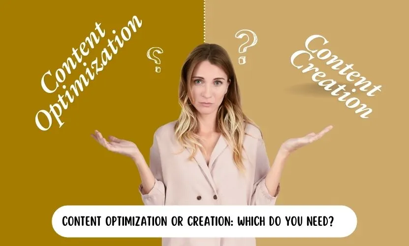 A thoughtful woman comparing Content Optimization tools vs. Content Creation, highlighting the choice between improving existing content or creating new.