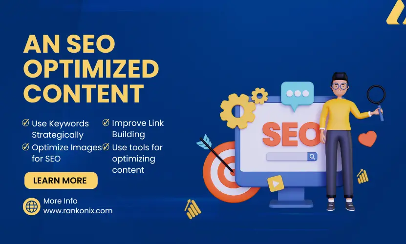 Blue graphic with text "An SEO Optimized Content" featuring tips like using keywords and link building, plus a character icon.